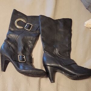 BCBGirls Black Mid-Calf Heeled Boots with Buckle Detail